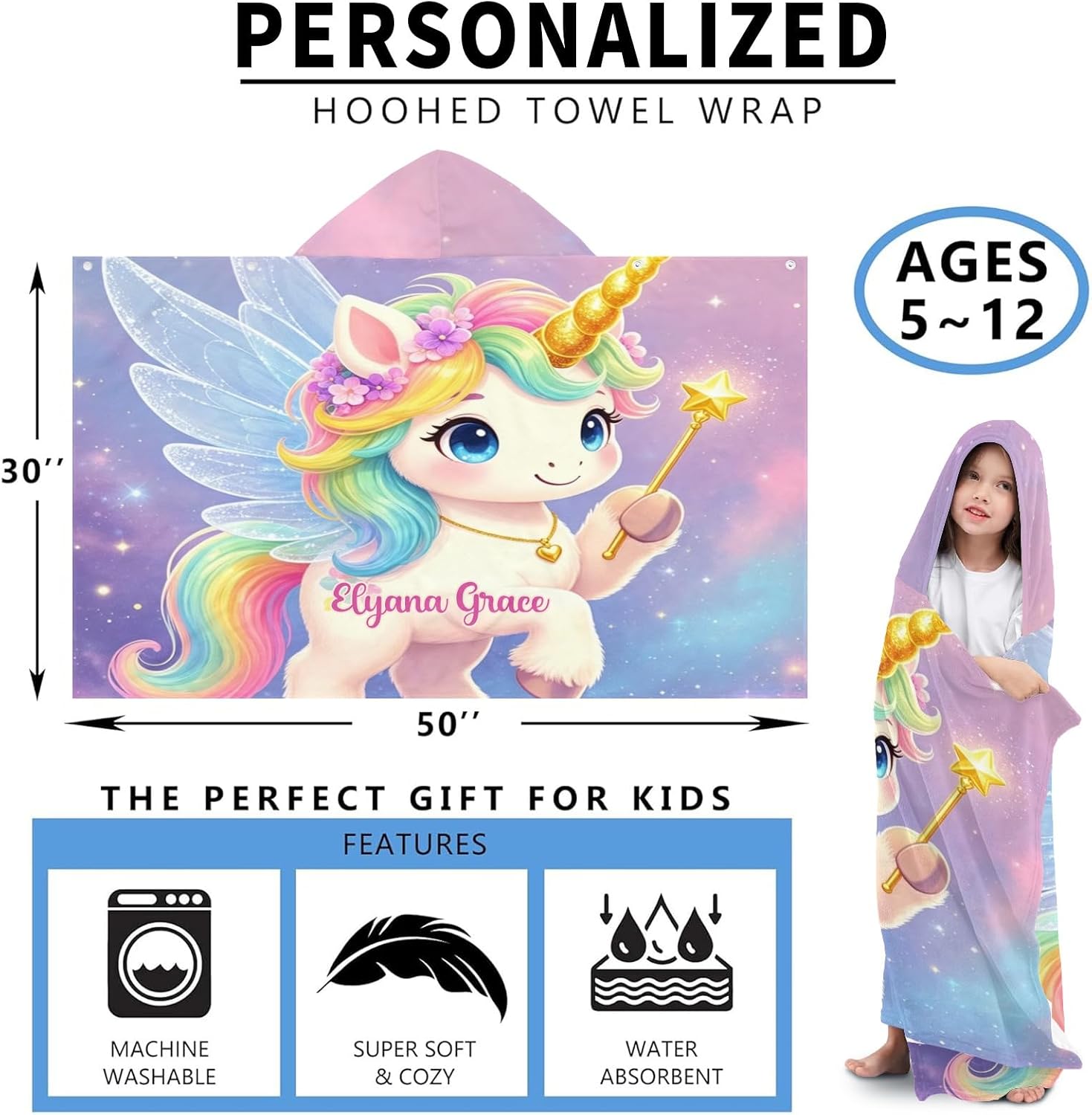 Personalized Cute Unicorn Watercolor Customed Beach Hooded Towel with Name for Kids Boy Girl,Absorbent and Soft Cape for Beach Pool Swimming