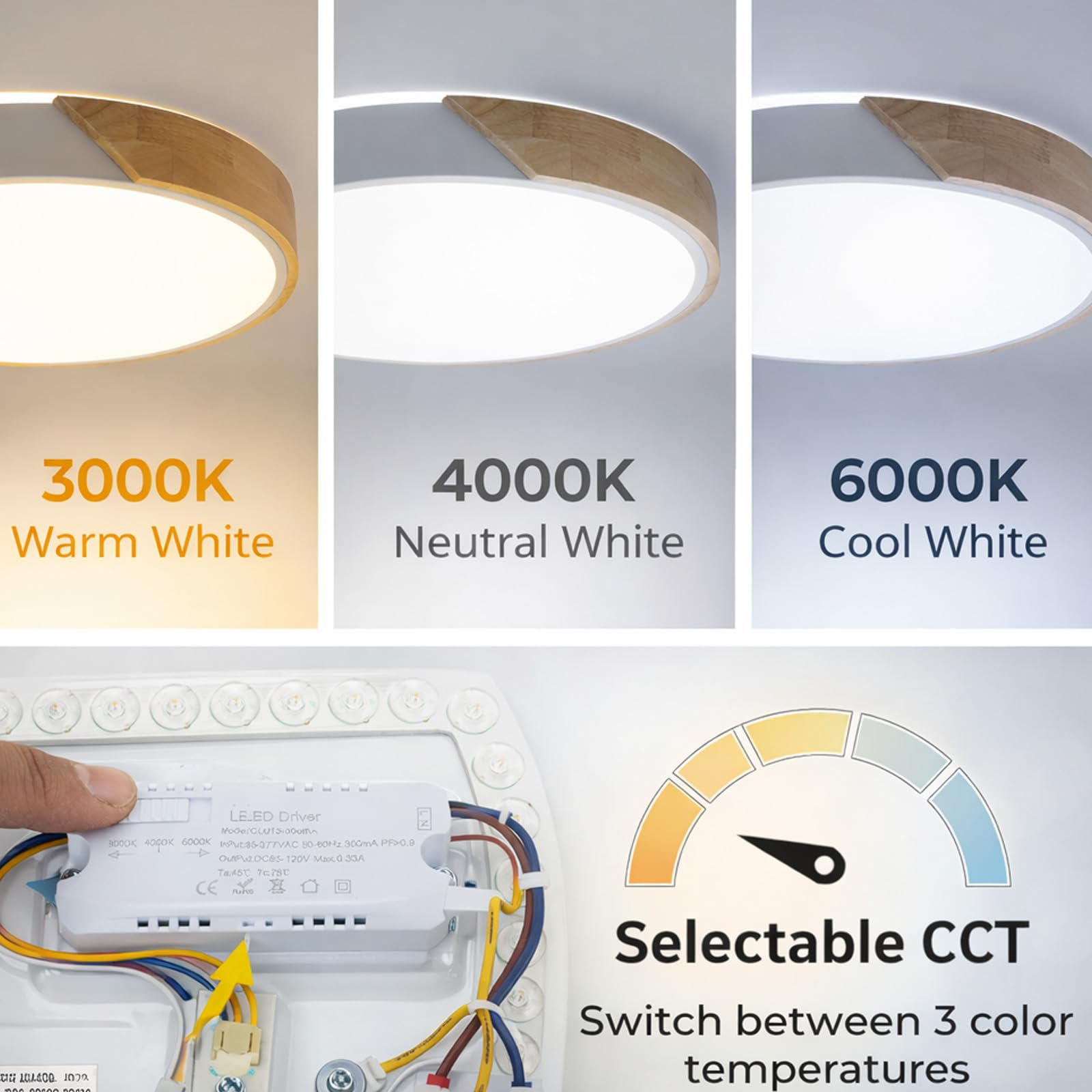 Alpinaluz Plafón LED de Techo Ø40 cm – Metal Blanco y Madera Natural – 30W con Luz Regulable CCT (3000K/4000K/6000K) – Estilo Nórdico Moderno para Salón, Comedor o Dormitorio