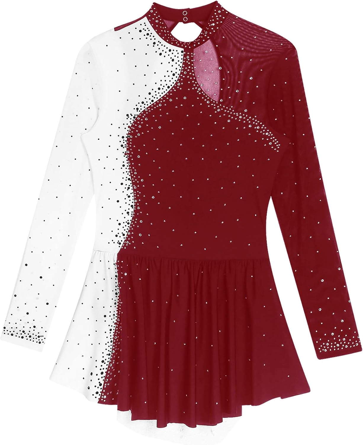 Women Sparkly Rhinestone Figure Skating Dance Dress Long Sleeve Ballet Majorette Dance Leotard Dress