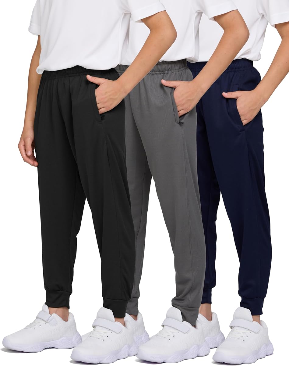 PURE CHAMP Paquete de 3 pantalones deportivos para niños, ropa ligera de malla para niños con bolsillos con cremallera, pantalones activos de secado rápido para niños, tallas 4-20