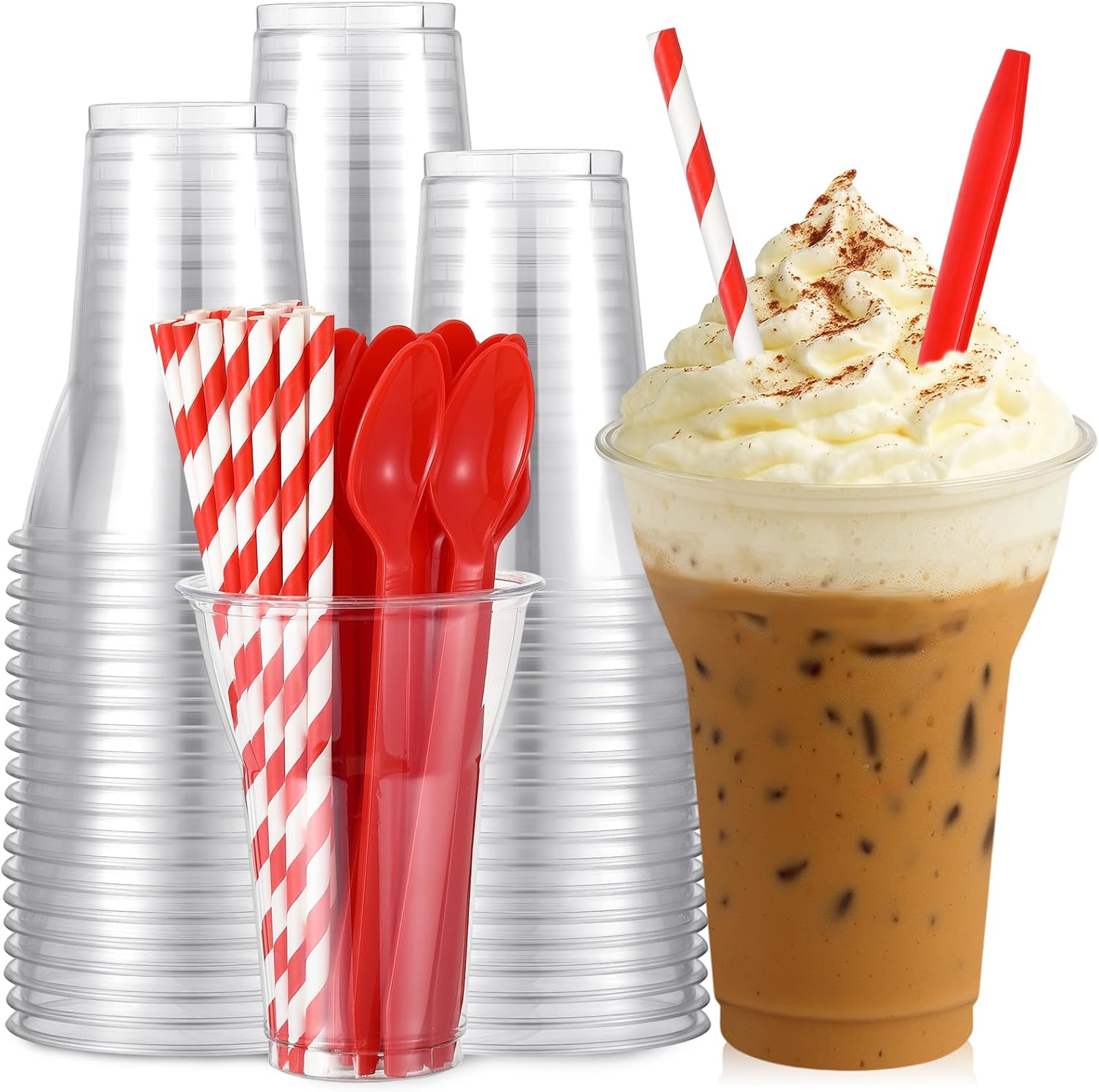Baderke 100 Sets Plastic Parfait Cups with Red Plastic Soda Spoons and Paper Straws Disposable Root Beer Float Cups Clear Milkshake Mugs for Ice Cream Sundae Yogurt Party Drinks (15oz)