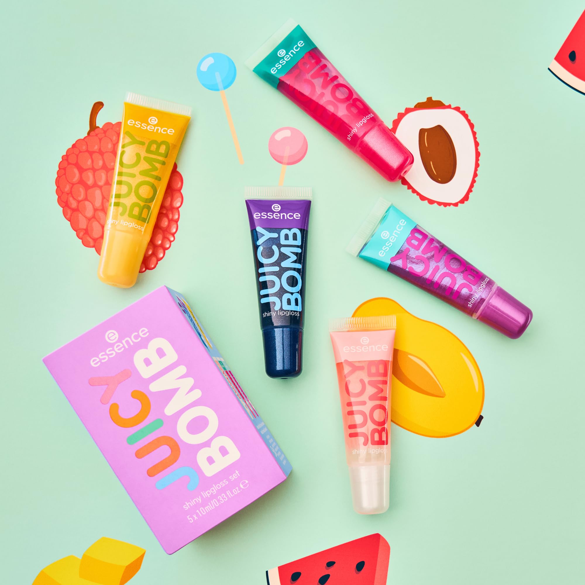 essence Zestaw błyszczyków JUICY BOMB shiny lipgloss set, z olejkami, naturalny, błyszczący, mieniący się (1pcs)
