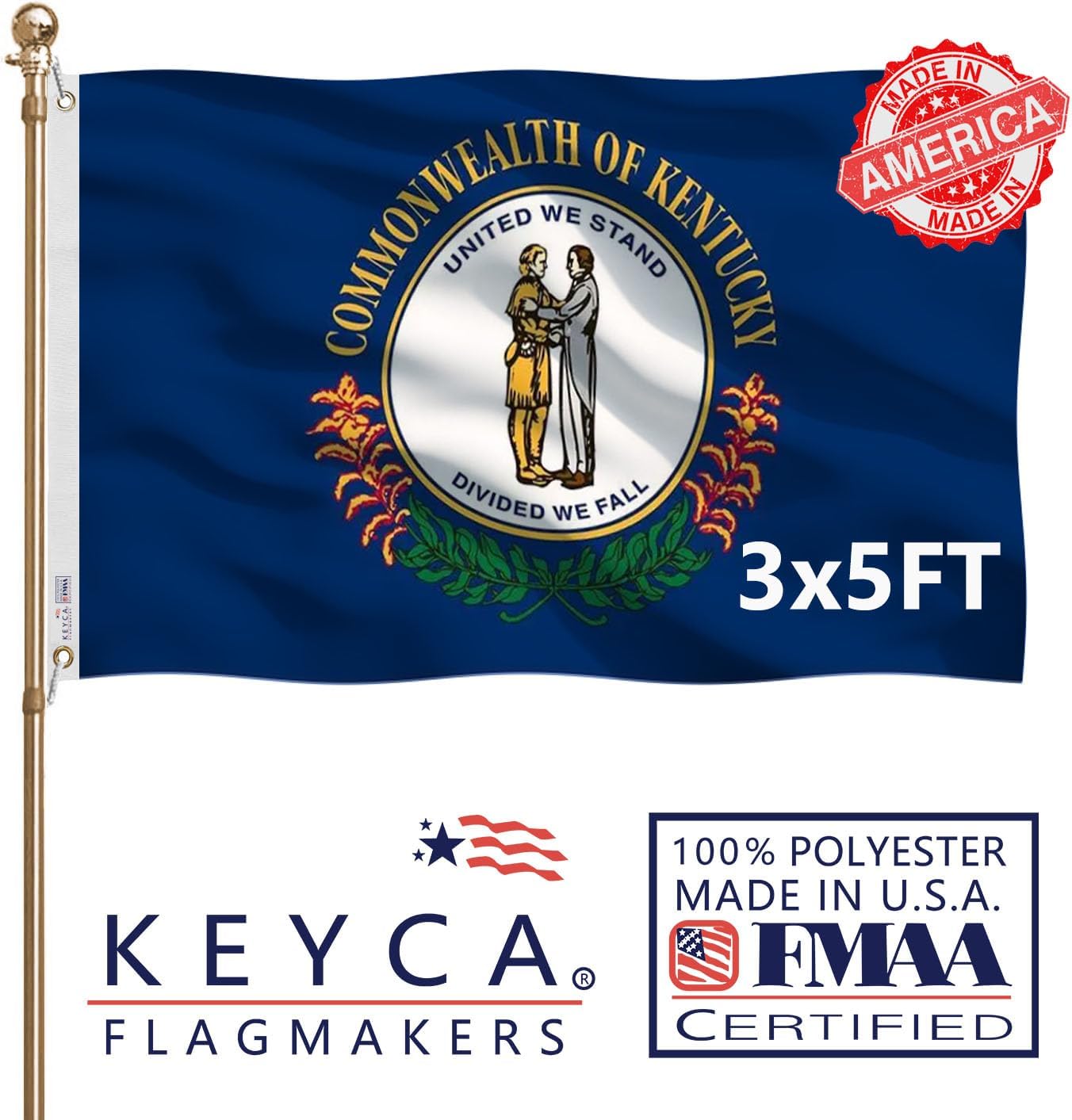 Kentucky Flag 4X6 FT 100% Made in The USA-Heavy Duty Vibrant Colors Double Sided Kentucky State Flag with 2 Brass Grommets for Home/Company/Indoor Outdoor Decoration