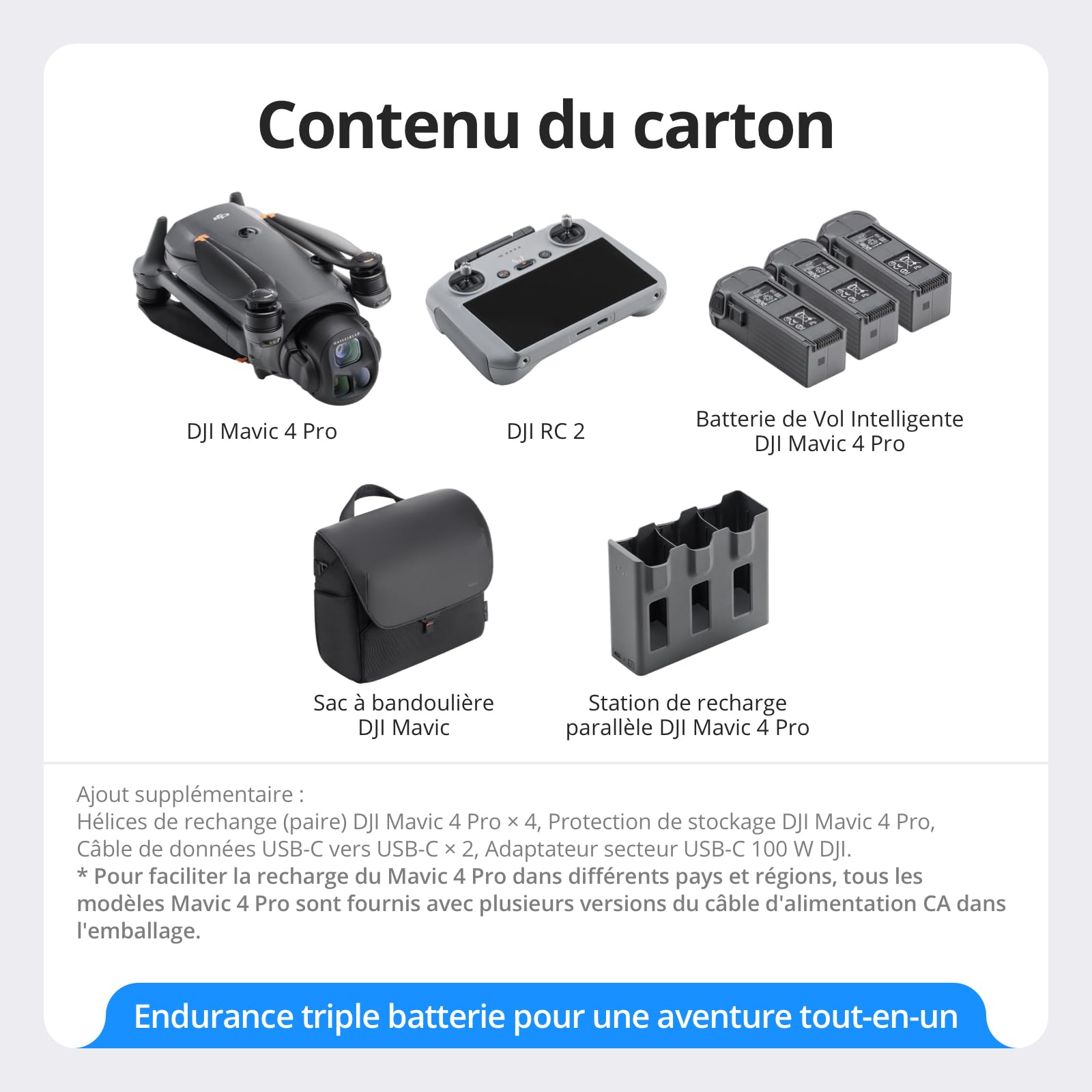 DJI Mavic 4 Pro Fly More Bundle avec RC 2, Drone Triple Caméra Hasselblad CMOS 4/3 100MP, Transmission 30km, Autonomie 51min