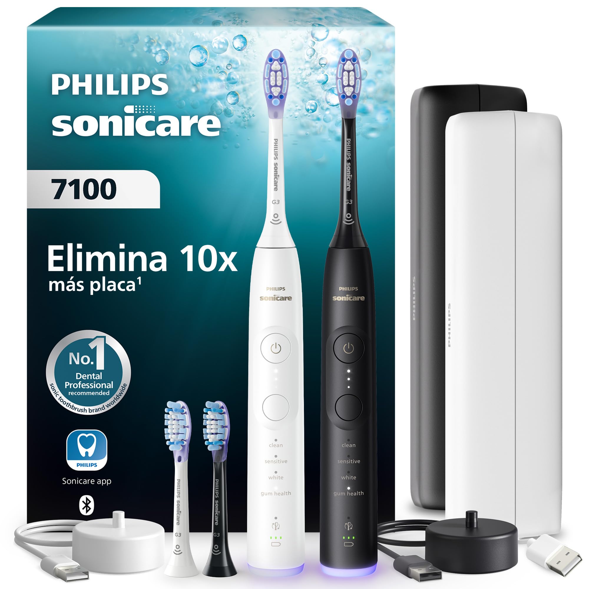 Cepillo eléctrico Philips Sonicare Serie 7100 - Tecnología Next Generation, sensor de presión, 12 ajustes, 21 días de autonomía, estuche con opción de carga, blanco y negro, pack doble, HX7429/04