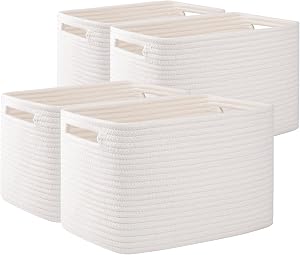 OIAHOMY 4 Pack Storage Baskets for Organizing, Rectangle Cube Storage Bins for Shelves, Woven Baskets With Handles, 12.7''Lx9''Wx7.8''H, White