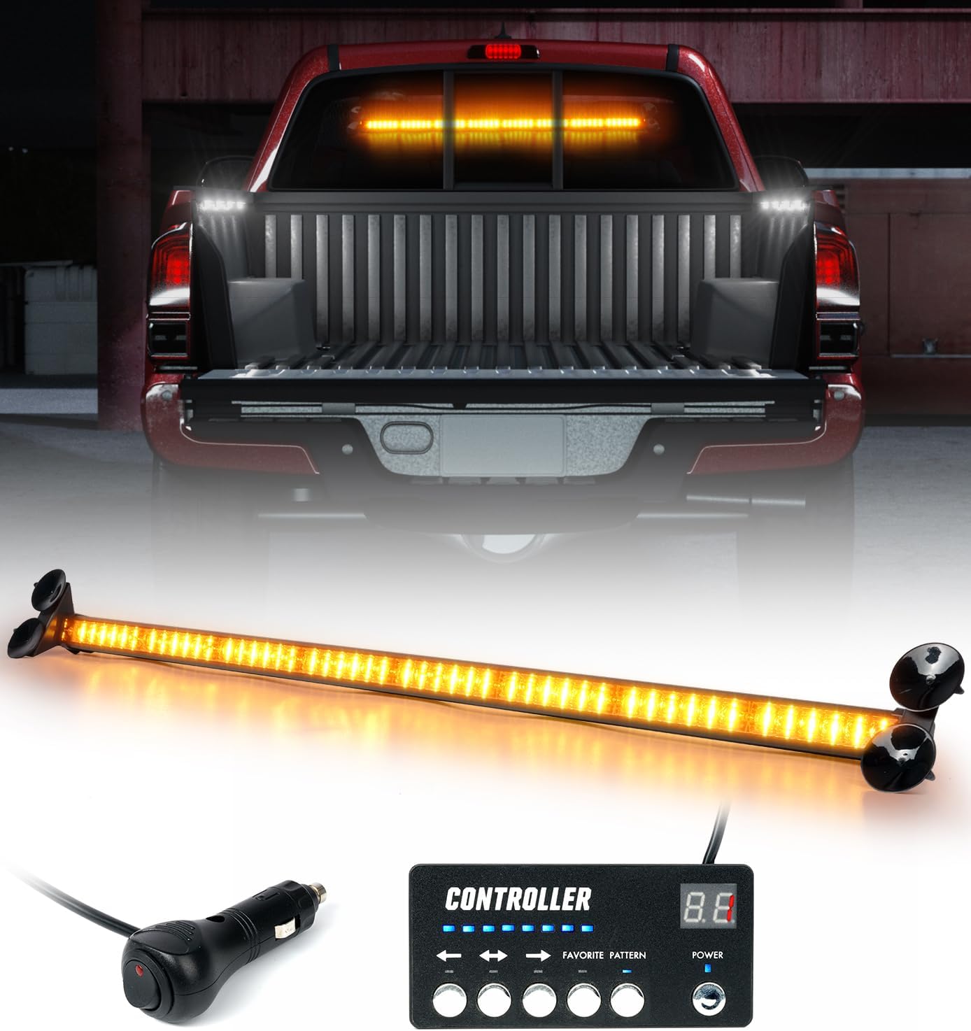 LUMENIX 35.5" Traffic Advisor Strobe Light Bar for Trucks w/Controller 48 LEDs Emergency Flashing Security Lights Bar for Vehicles Cars Construction Safety Warning Lightbar - Amber and White