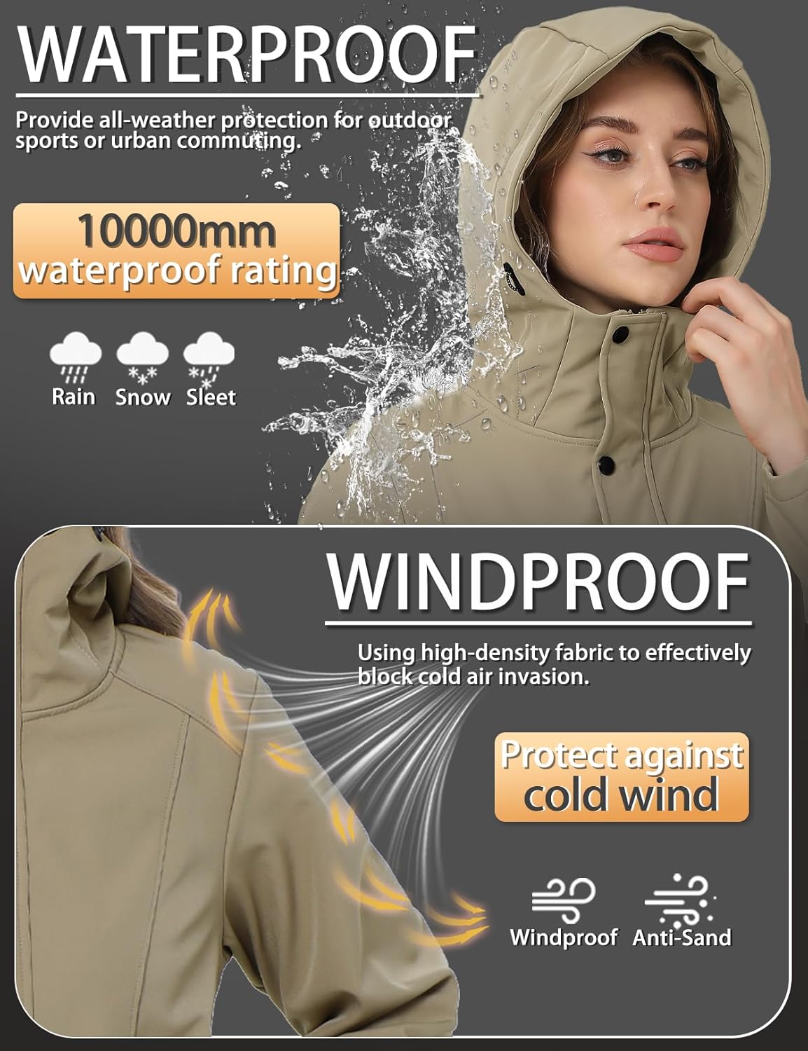 Women's Softshell Jacket Lightweight Waterproof Windbreaker Hooded Fleece Lined Insulated Coat for Outdoor Travel - Image 5