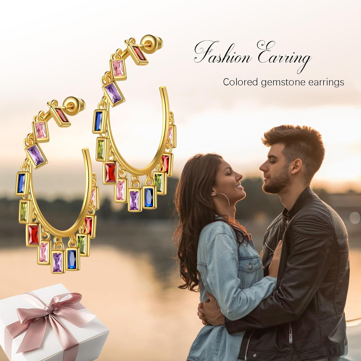 beautlace Colored Zircon Geometric Drip tassel Stud Earrings 18K Gold Plated Round Hoop with Colorful Zirconia Jewelry for Women - Image 8