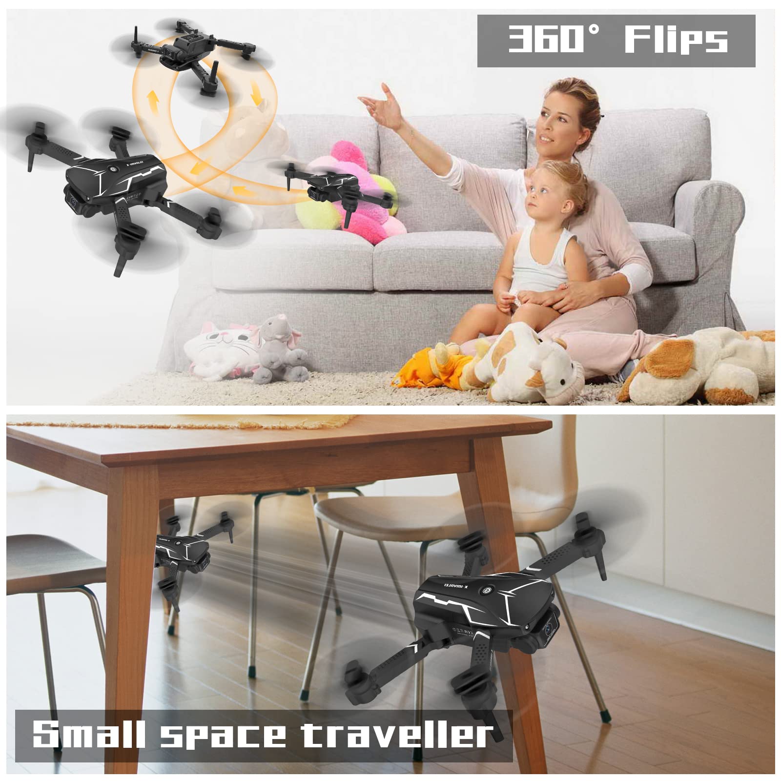 Droni con Telecamera 720P HD Ajustable, Mini Drone con Altitudine Hold per Bambini/Adulti, X19 FPV WIFI Video RC Quadcopter, 3D Flips, Modalità Headless per Principianti, 2 Batteries