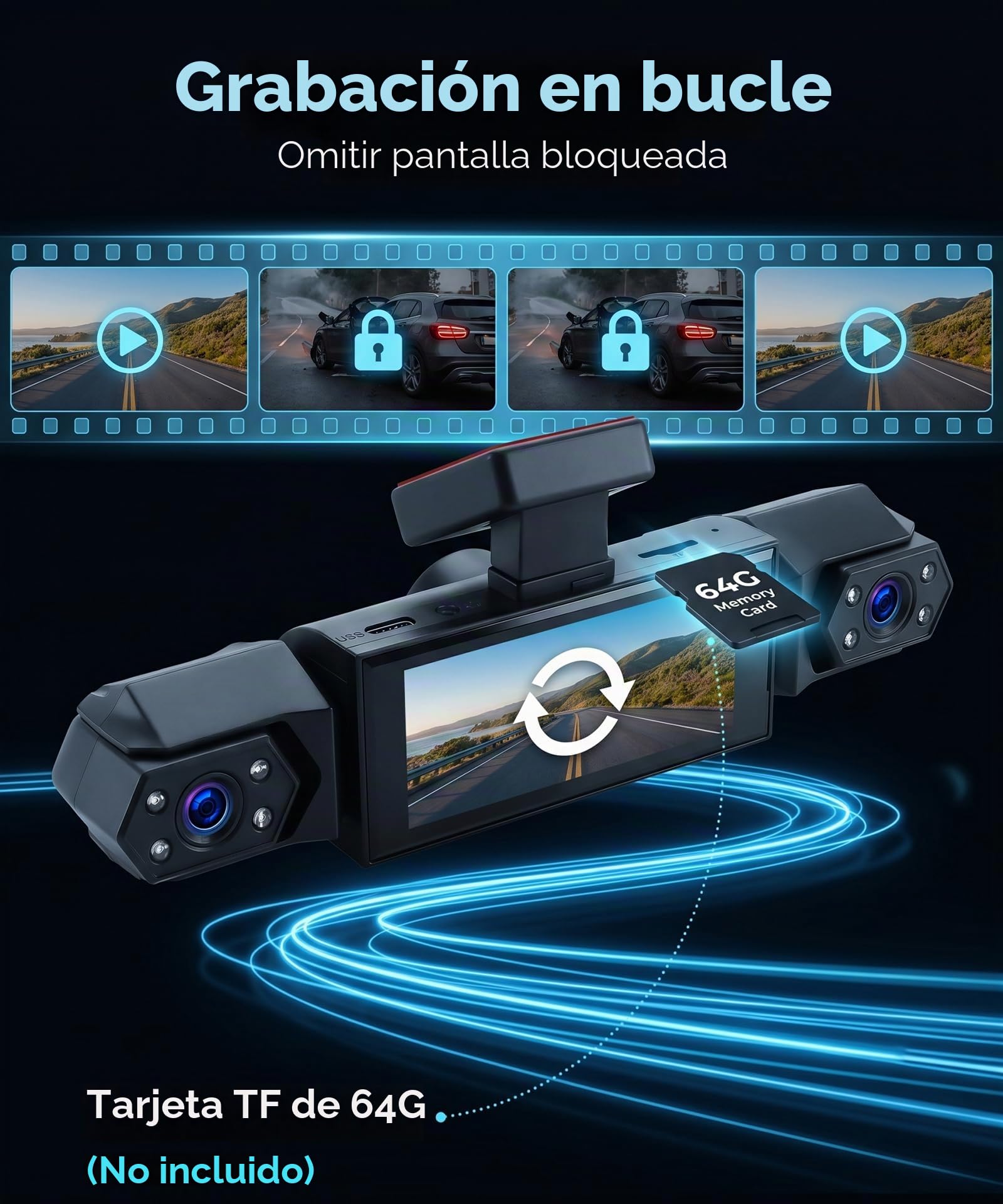 Rimoody 360° 4 Canales Dashcam para Coche, 4 1080P Delantera y Trasera Izquierda Derecha, 3.16 Pulgadas Dash CAM 1080P con Visión Nocturna IR/Vídeo en Bucle/24H Monitor/Asistencia de Estacionamiento