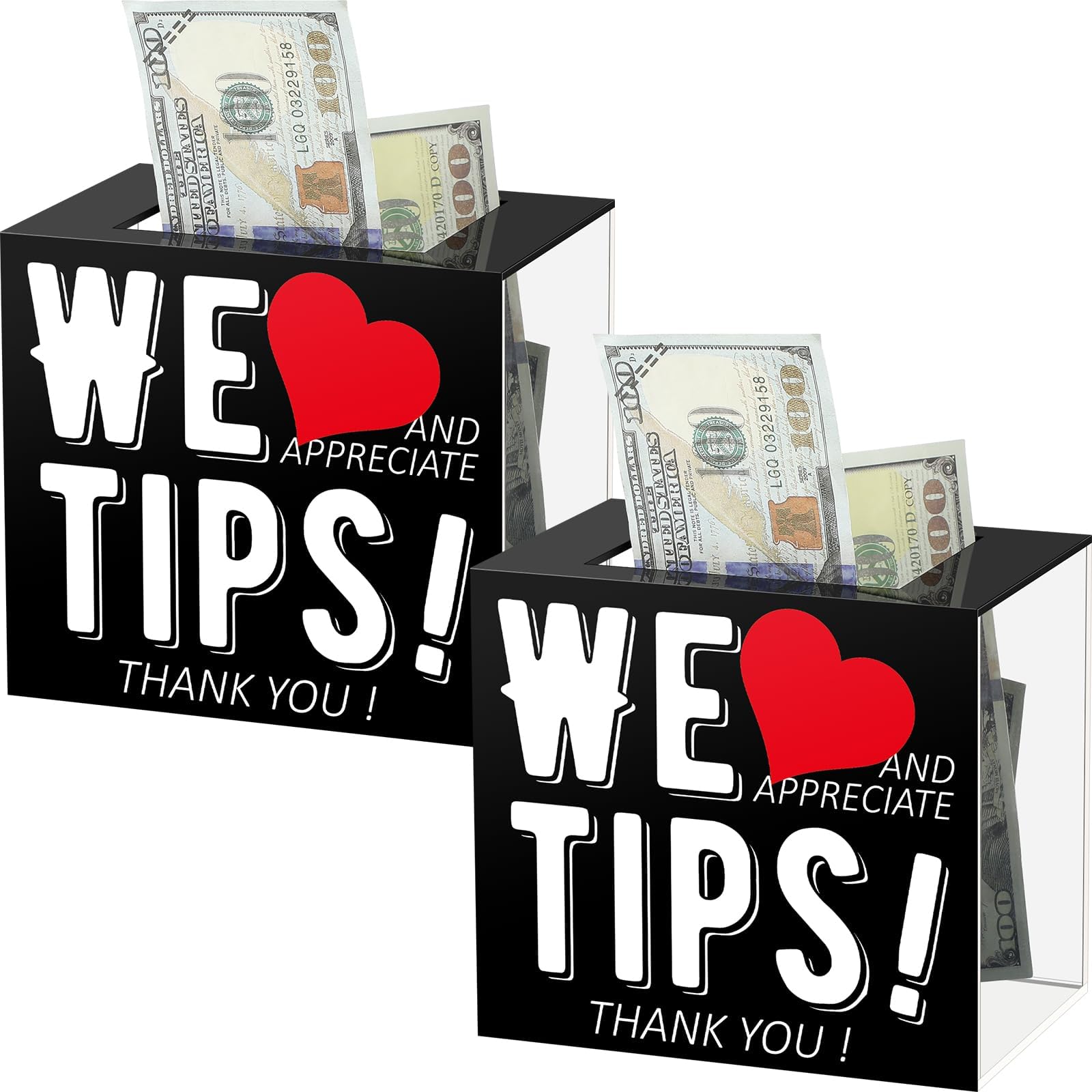 Yousoontic 2 Pcs Tip Jar Acrylic for Bartender Bars 6 x 4 x 5 Inch Tip Collection Box Donation Suggestion Box Money Storage Container for Restaurants Musicians Driver (Classic Style)