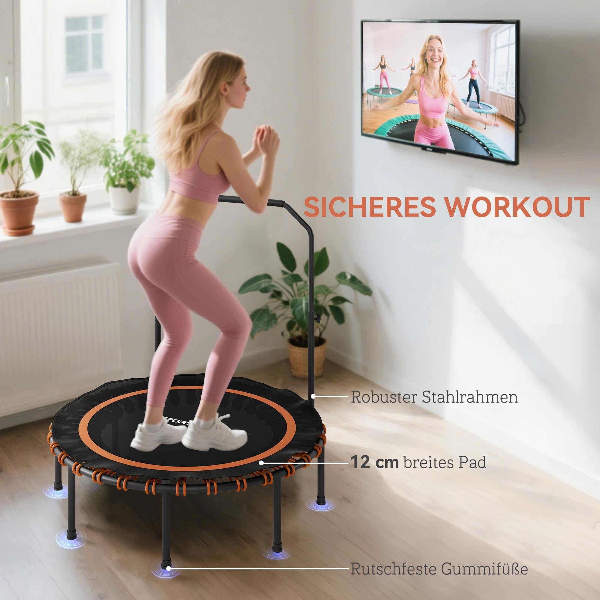 SPORTNOW Fitness Trampolin Ø114/122 cm klappbar Mini Trampoline mit 5 verstellbaren Handgriffstufen, leise Gummiseil, Trampolin für Erwachsene Trampoline für Indoor Outdoor Jumping