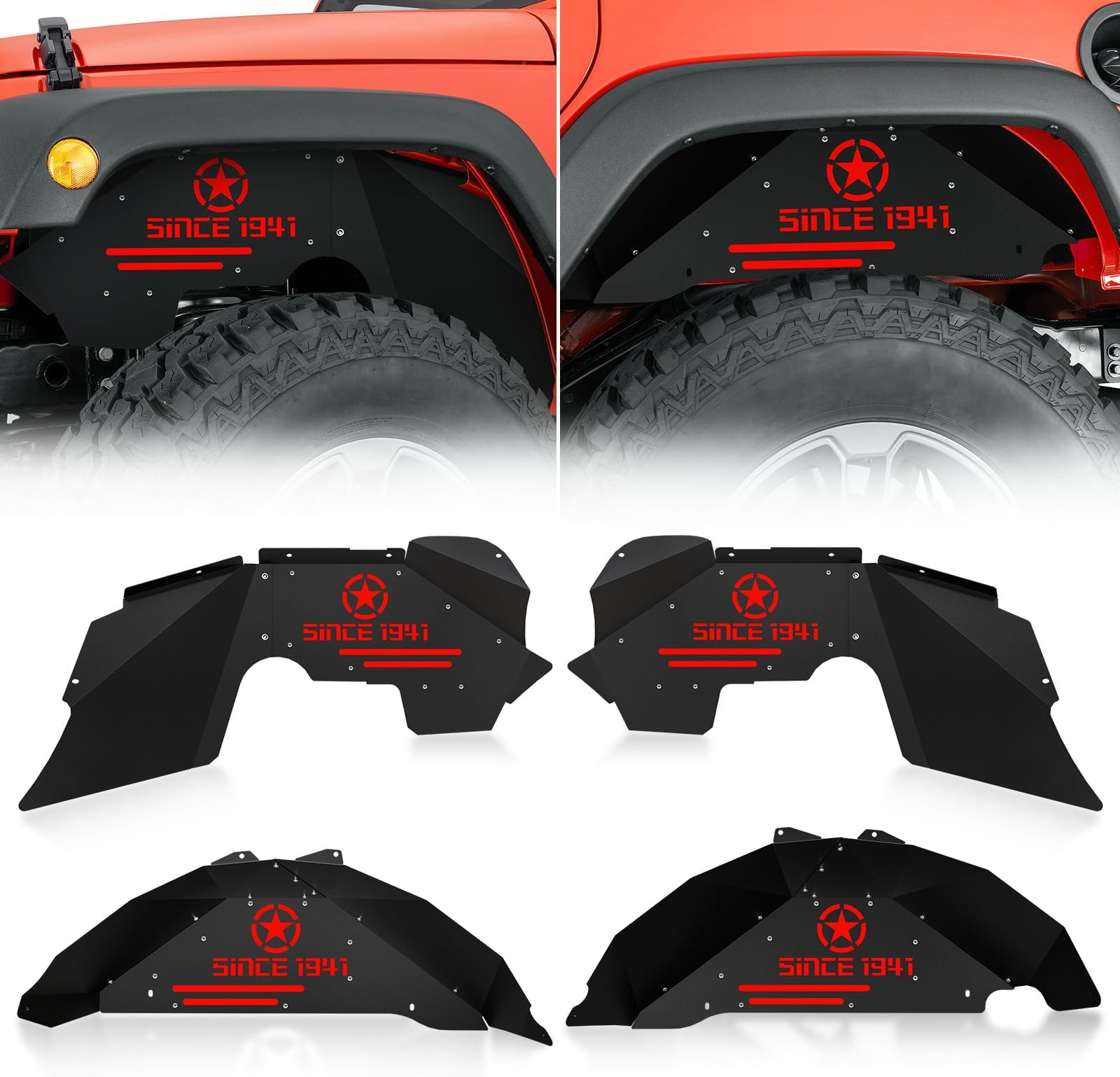 Line Front & Rear Inner Fender Liners Compatible with 2007-2018 Jeep Wrangler JK & JKU Unlimited Sport Sahara Rubicon, Steel Mud Guards Wheel Well Cover Fenders Flares (2/4 Doors)