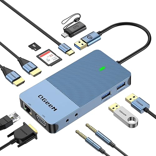 QGeeM Estación de acoplamiento USB 3.0, concentrador USB de triple pantalla, monitor doble, estación de acoplamiento USB C para laptop compatible