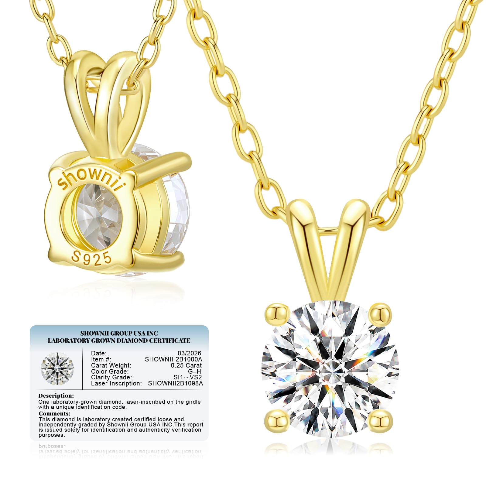 shownii 0.25CT LAB GROWN Diamond Solitaire Pendant Necklace for Women