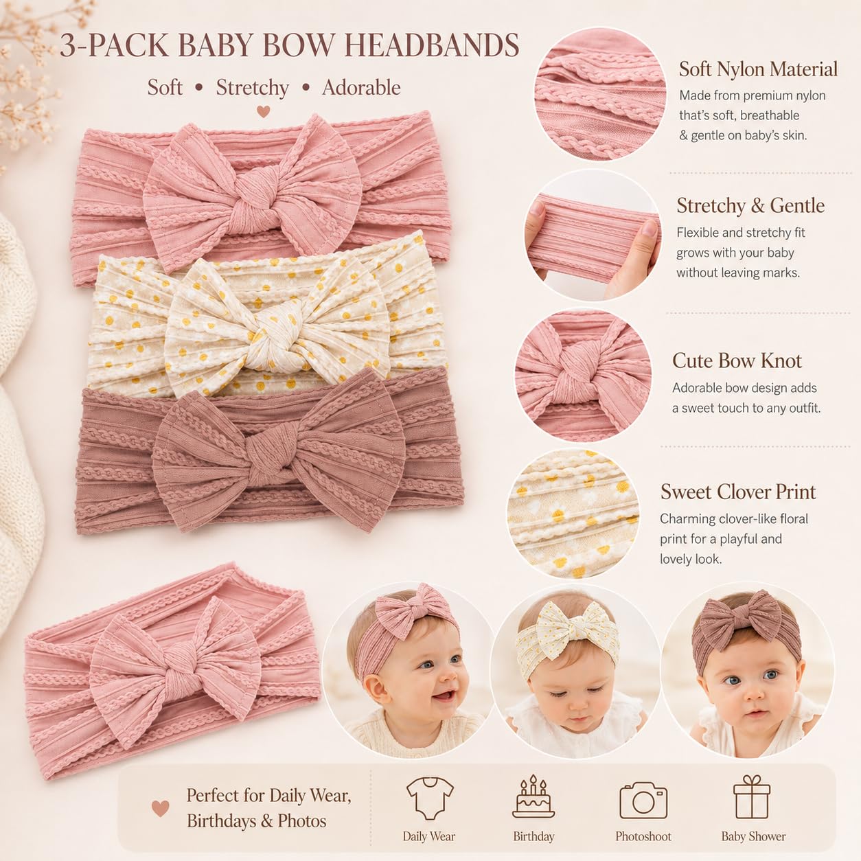 Baby-Stirnband für Mädchen, florales Schleifen-Stirnband, Turban-geknotet, elastisch, weich, für Neugeborene, Kleinkinder, Haarschmuck