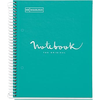 Miquelrius - Notebook A5 notebook 1 coloured strip 80 sheets with grid 5 x 5 mm paper 90 g/m  micro-perforated with 2 holes for 2 rings cover made of cardboard colour turquoise