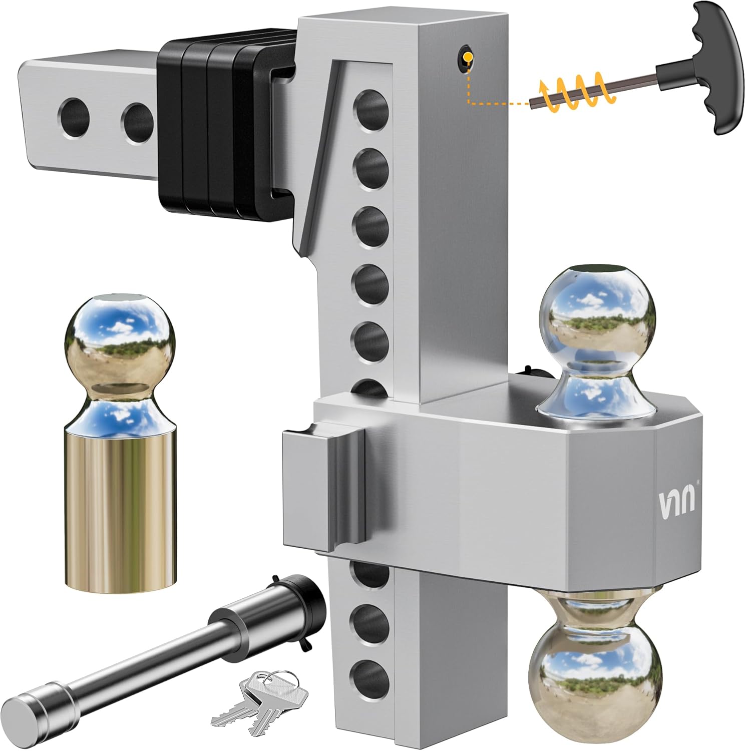 VNN Adjustable Trailer Hitch 10 Inch Drop 2 Inch Receiver - Interchangeable 3 Solid Ball Mount 1-7/8", 2", 2-5/16"(15,000 LBS GTW), Heavy Duty Aluminum Drop Hitch with Pads and Locking Sets Silver 10 Inch Drop Hitch