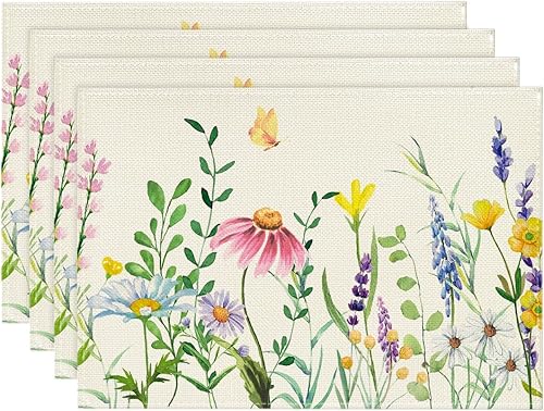 Artoid Mode Juego de 4 manteles individuales de primavera con hojas florales de eucalipto de margarita, 12 x 18 pulgadas, para decoración de