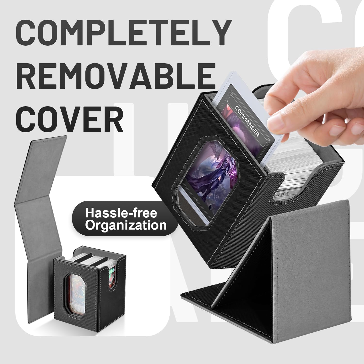 Trading Card Storage Box with Commander Display for MTG, TCG, Sports Cards, 5-in-1 Card Deck Box, Holds 450+ Double-Sleeved Cards, 4 Individual Deck Cases with Covers, Dice Tray & Magnetic Holders