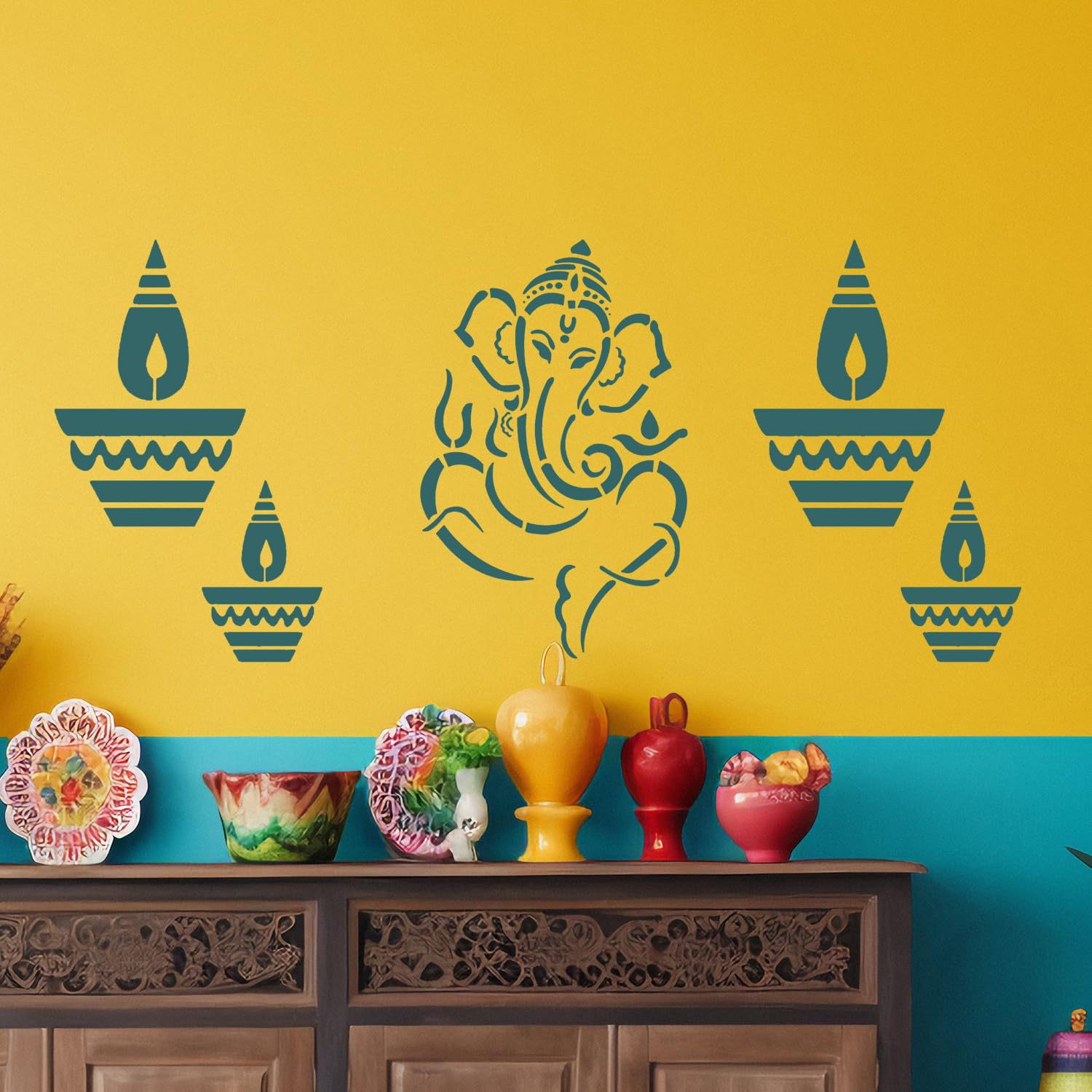 ARandNJ Combo Stencil for Wall Painting (Size:- 16X24 Inch) Theme:-Diya & Ganpati Ji DIY Reusable Painting Design Suitable for Bedroom, Drawing Room, Living Room Entrance (Pack of 2)