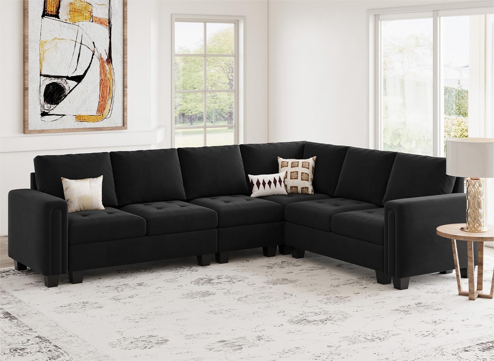 BelffinModular Sectional Sofa L Shaped Couch with Reversible Chaises 6-Seater Convertible Sectional Sofa Couch Velvet Corner Sofa Black