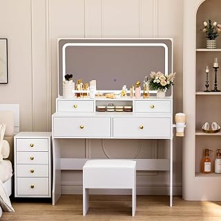 Pamapic Vanity Desk with File Cabinet, 8 Drawers Makeup Vanity with Mirror and Lights,3 Lighting Modes Dressing Table with Chair, Power Outlet, Silent Slides, White - Amazon product rated Grade A