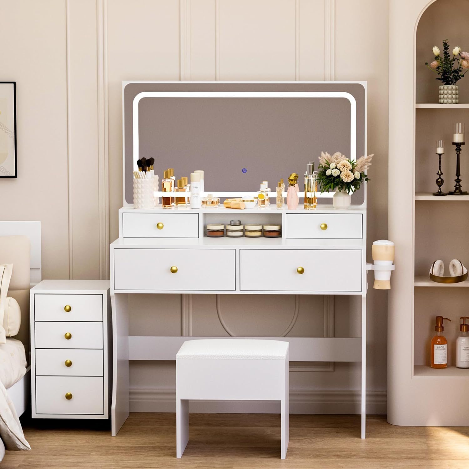 Pamapic Vanity Desk with File Cabinet, 8 Drawers Makeup Vanity with Mirror and Lights,3 Lighting Modes Dressing Table with Chair, Power Outlet, Silent Slides, White