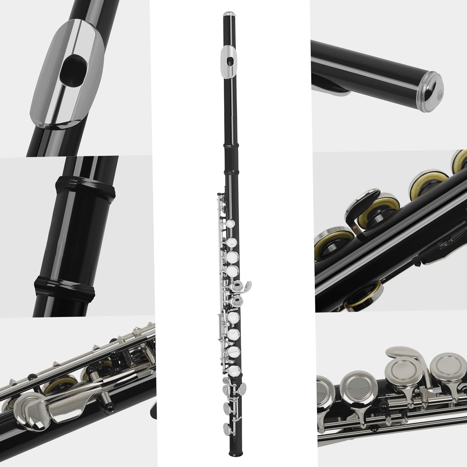 HUIOP flûte, Flûte de Concert Occidentale Cupronickel plaqué Nickel 16 Trous Clé C Instrument à Vent avec Chiffon de Nettoyage Gants de bâton Mini Tournevis Étui rembourré,Flûte,flûte