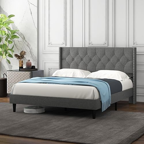 Miniatura 10 de Giantex Base de cama tapizada de tela de lino de tamaño matrimonial, marco de cama moderno con cabecera capitoné con botones, base de colchón de