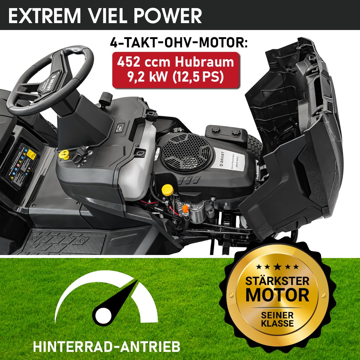 BRAST Benzin Rasentraktor Aufsitzmäher | 9,2 kW (12,5 PS) | Elektrostart | XXL Schnittbreite 98cm | 2in1-Funktion | 7-Gang-Getriebe | 245L Fangkorb | für große Rasenflächen 1.000-5.000 m²