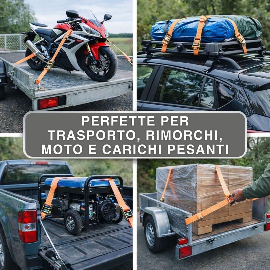 Cinghia con Cricchetto 5m x 50mm Set 2 Pezzi | Cinghia Ancoraggio per Fissaggio Carico | Cinghia Trasporto per Rimorchio Auto