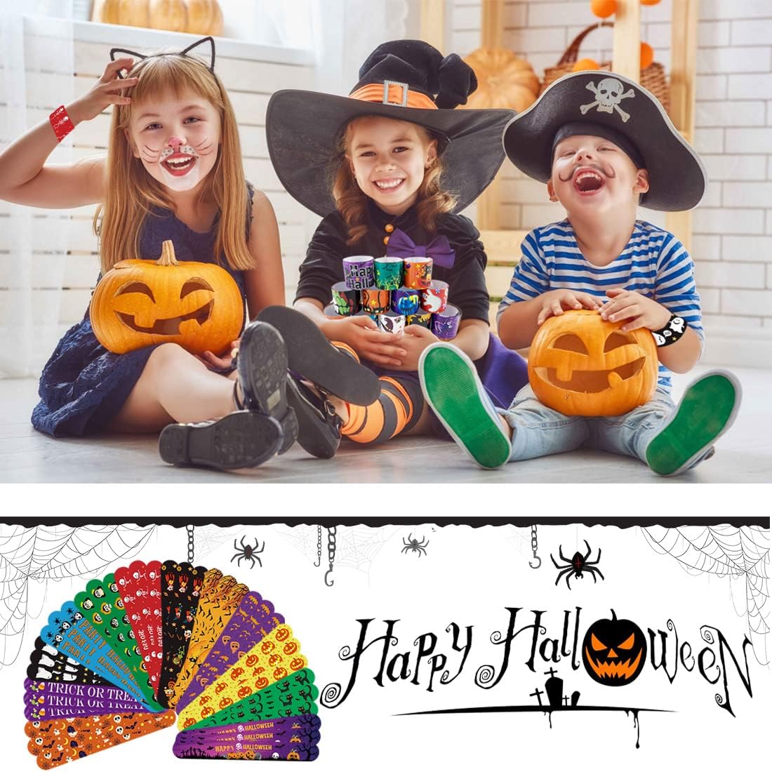 SUNPROUND Halloween Slap Bracelet,100Pcs Slap Bracelet Wristbands with Spider Pumpkin Ghost Zombie Bat Witches Design Snap Bracelet for Kids Party Favors Toys Prizes Goodie Bags Fillers image 5