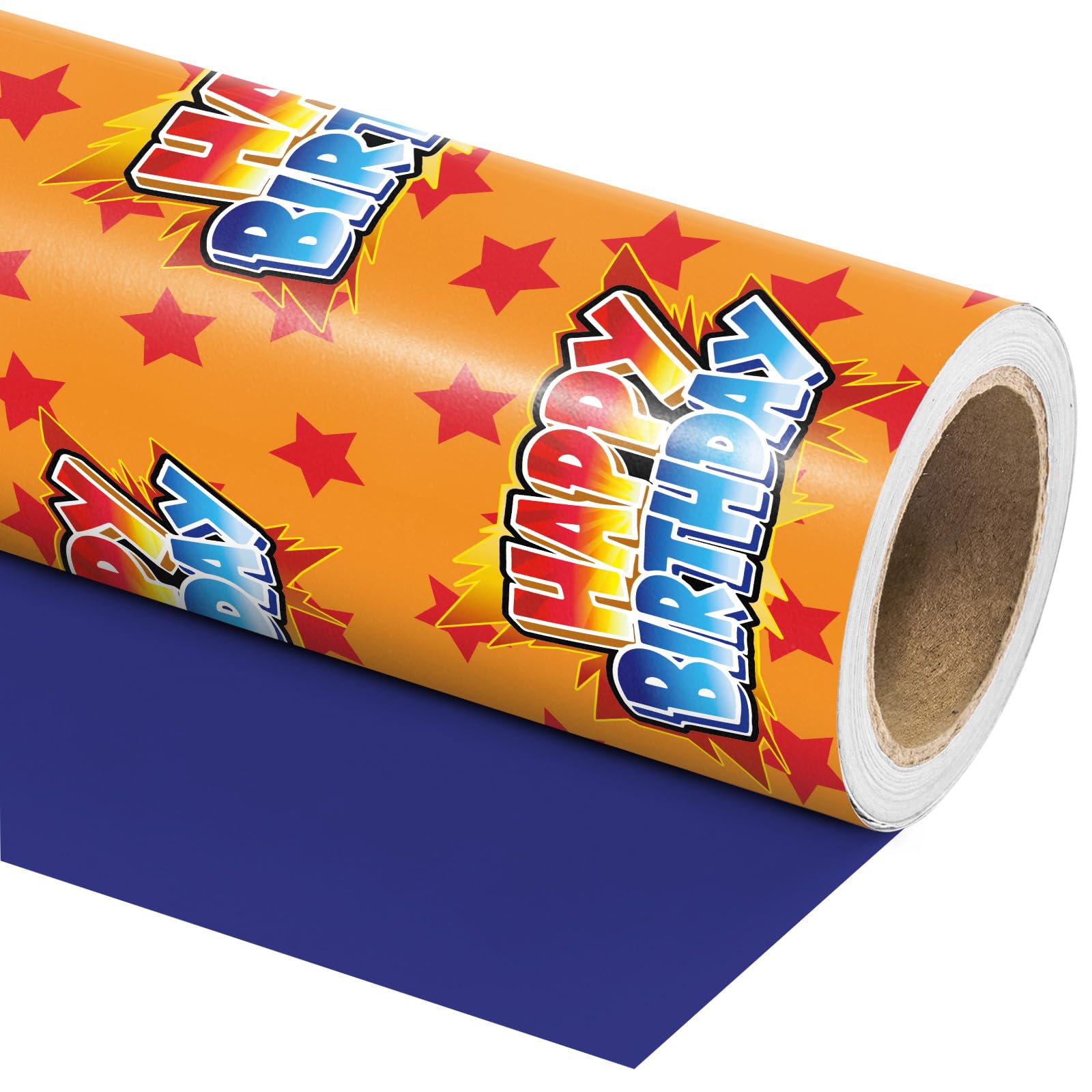 RUSPEPA Reversible Anime Birthday Wrapping Paper - Mini Roll - 43.2cm x 5m - Colorful Anime Wrapping paper with Solid Blue Design for Boys Girls Kids Birthday, Baby Shower