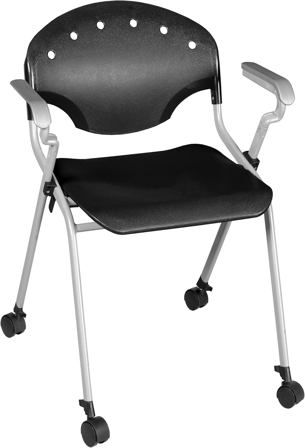 Romig Rico Mobile Stack Chair with Arms – Black Rolling Classroom & Training Chair with Durable Plastic Seat, Ventilated Back, Casters & Supportive Armrests for Easy Mobility