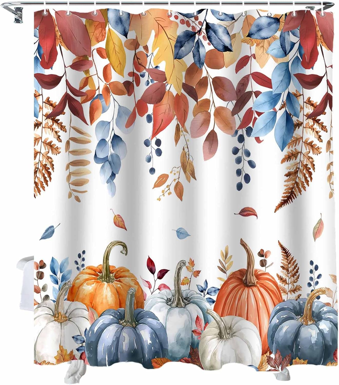 Fall Shower Curtain Pumpkin Fabric Shower Curtains for Bathroom, Farmhouse Thanksgiving Wood Grain Shower Curtain Set with Hooks, Blue Orange Waterproof Polyester Bathroom Decor Accessories, 36"x72"