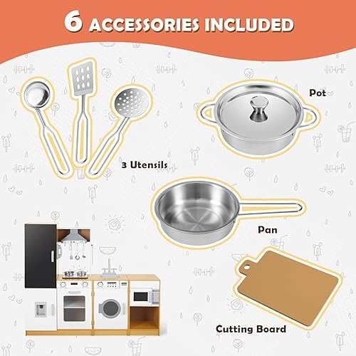 Miniatura 8 de JOYLDIAS Juego de cocina para niños, juego de cocina de madera con sonido y luz reales, máquina de hielo, horno, lavadora, pizarra, combinación