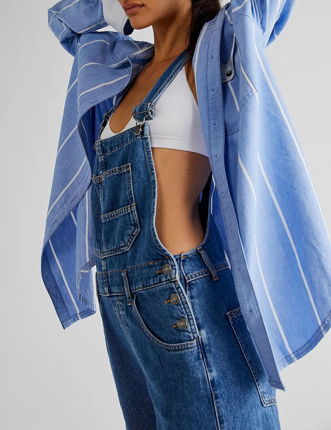 Sukany Salopette da donna casual in denim con spalline regolabili larghe salopette pagliaccetto tuta harem pantaloni