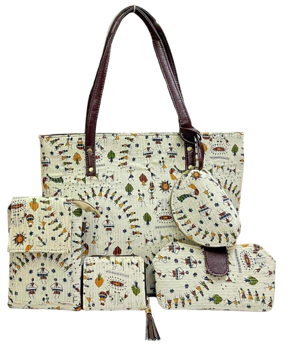 P S Traders Online Women's Ladies Western Traditional Ikkat Cotton 5 Pieces Combo Bag Color White-image-47