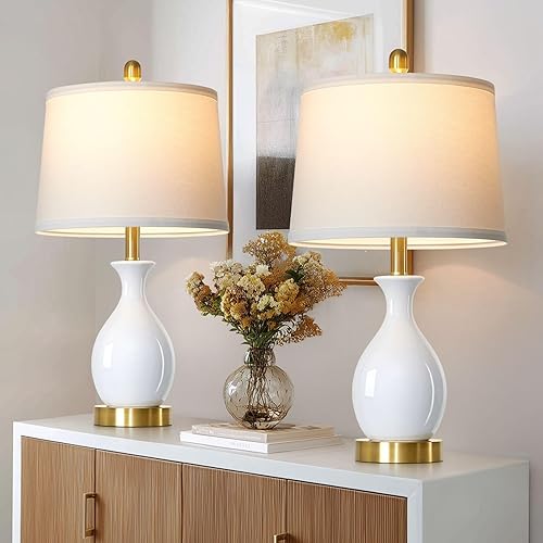 Juego de 2 lámparas de mesa de cerámica blanca de 24 pulgadas para dormitorio, lámparas de noche clásicas modernas para mesita de noche, lámpara de