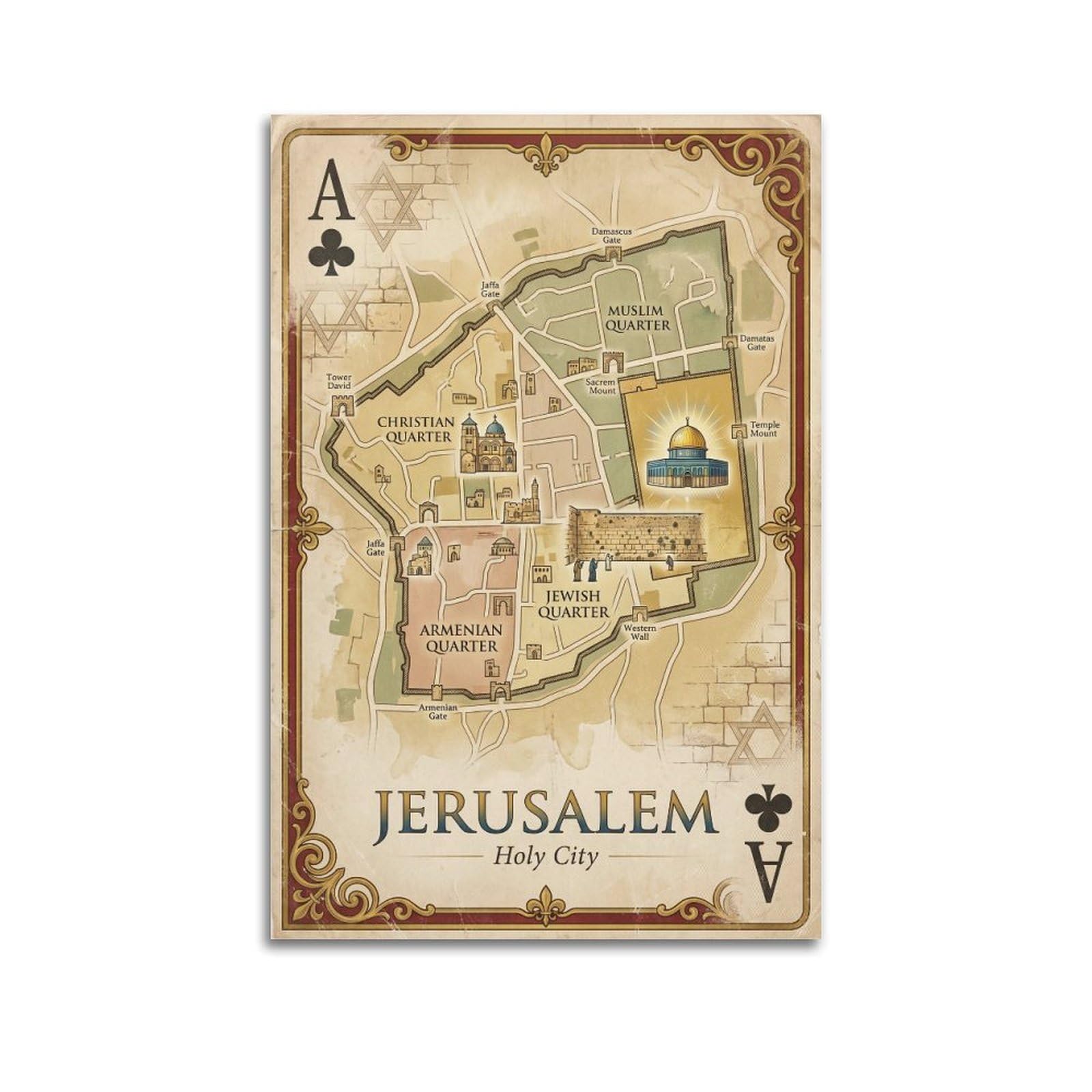OKNGB Vintage City Map Poster Jerusalem Holy City Playing Card Style Decorative Painting Canvas Art Picture 20x30inch(50x75cm)