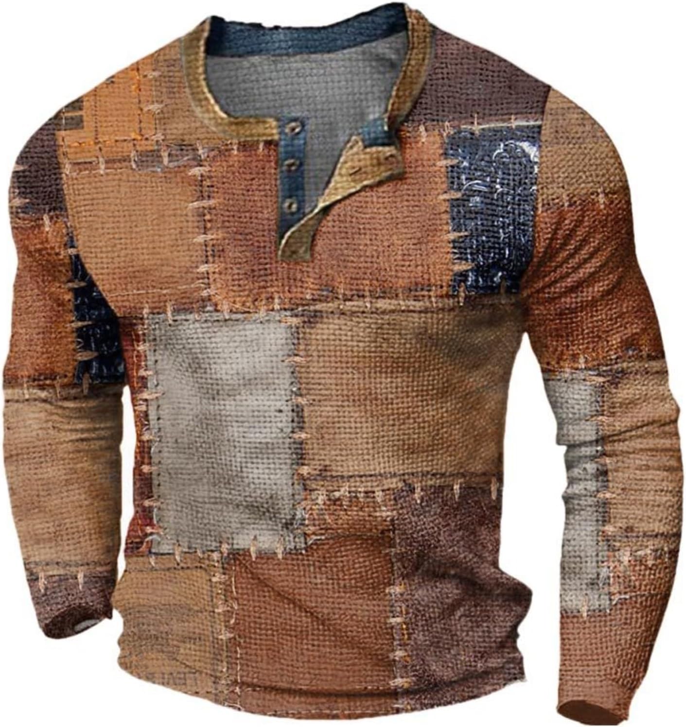 Waffle Henley Shirts for Men Cross Graphic Button V Neck Tshirt Long Sleeve Casual Trendy Raglan Tee Color Block Tops