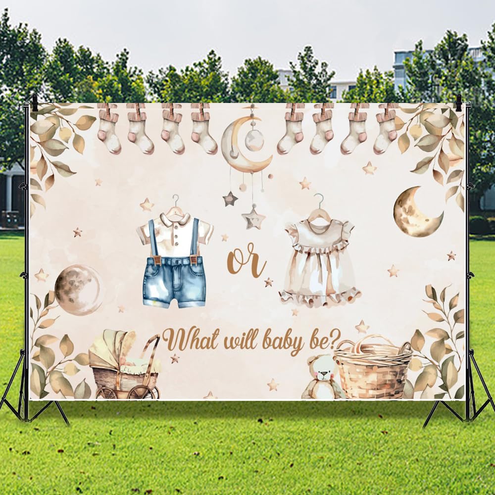 Leowefowa 7x5ft Baby Gender Reveal Photography Backdrop Vintage He or She Baby Shower Background for Baby Retro Clothes Eucalyptus Leaves Cute Socks Moon Baby Shower Party Banner Photo Studio Props