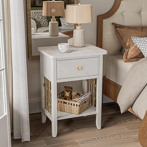 Miniatura 19 de COSIEST Mesa auxiliar redonda, mesa auxiliar de cristal con marco de madera, mesita de noche dorada champán con estilo moderno para sala de estar,