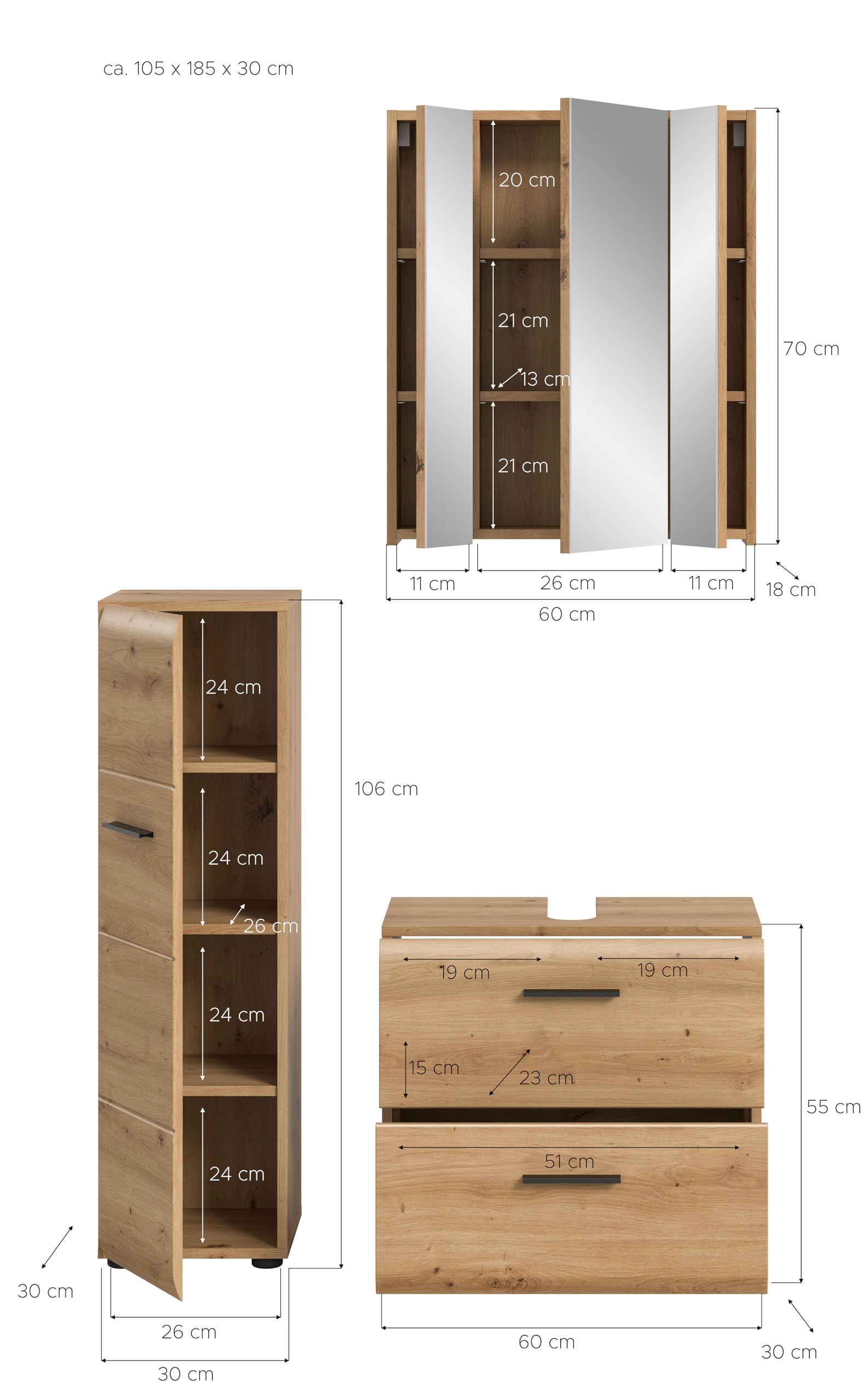 xonox.home – 3 TLG. Badezimmerkombination Ice 105x185x30 cm in Korpus und Front Artisan Oak Nachbildung – Hochwertige Badmöbel-Kombi – modern – Bild 4