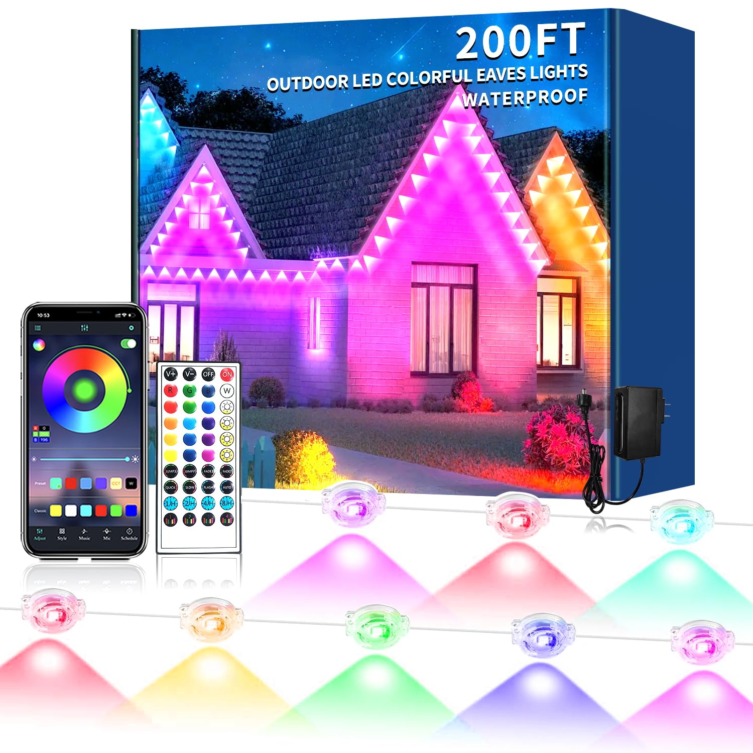 Permanente Außenleuchten für Haus, 60 m, wasserdicht, intelligentes RGB-LED-Dachtrauflicht, permanente Außenleuchten mit App/Fernbedienung, Musik-Synchronisation, für Haus, Halloween, Dach