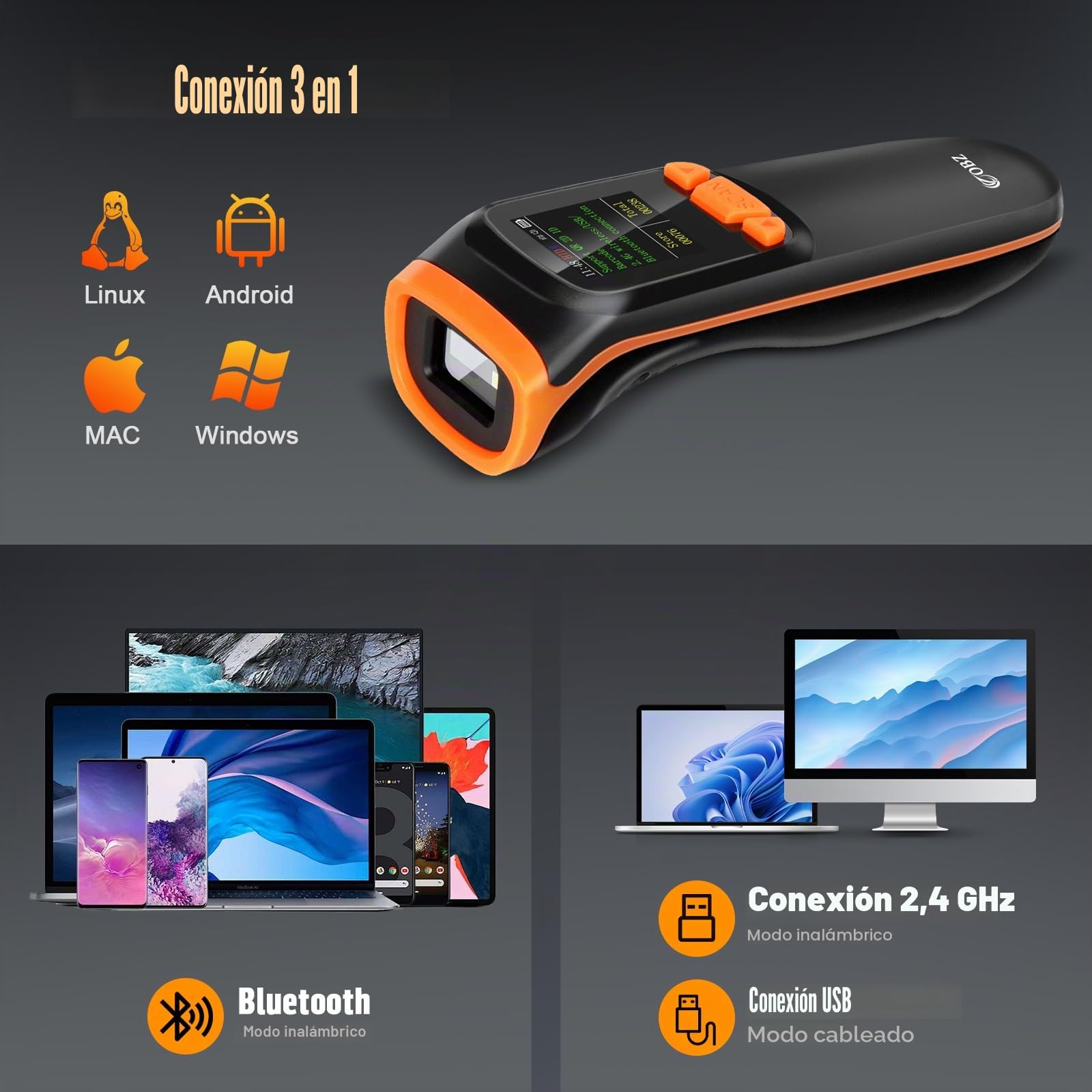 OBZ Lector Código de Barras Inalámbrico 2D 1D con Pantalla LCD, QR Escáner Bluetooth 3 en 1 (USB+2.4G) Portátil Pistola para Inventario Almacén Logística, Compatible con iOS Android Windows