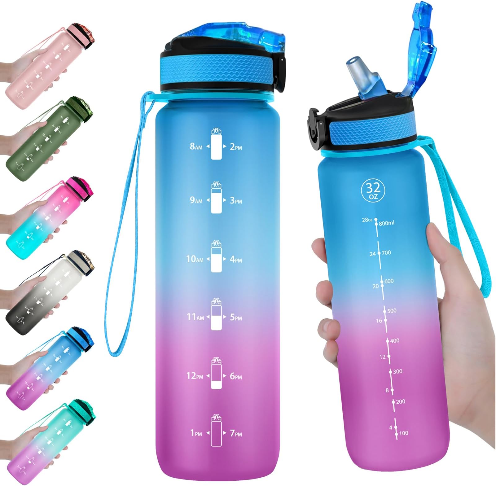 EYQ 32oz Water Bottle with Straw, Time Marker, Blue Purple | Blue Purple Tritan, BPA Free, Time Marker, Leakproof Lock Lid, Wide Mouth, for Gym, School, Office and Travel