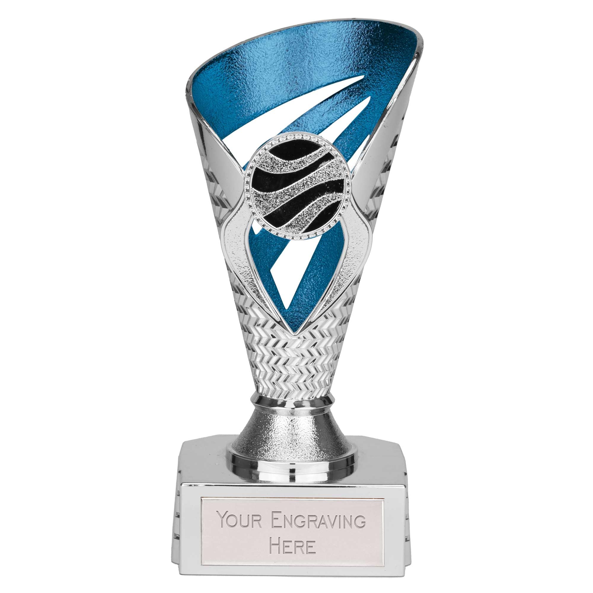 TROPHIESPLUSMEDALS Personalised Silver & Blue Trophy Cup - Voyager Collection, Free Engraving | 15cm | School & Adult Sports Award